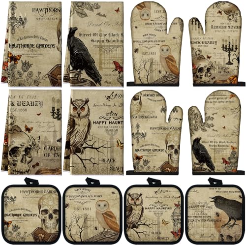 12-Piece Gothic Kitchen Set: Raven Skull Oven Mitts, Pot Holders & Towels
