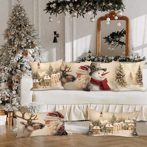 Lanpn 24x24 Christmas Throw Pillow Covers Set of 4 - Snowman Santa Reindeer Holiday Decor