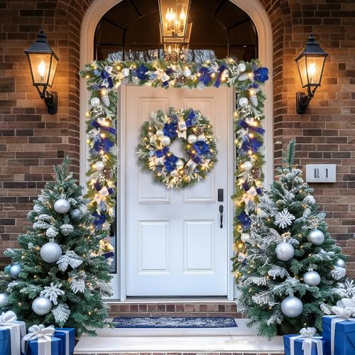 22-Inch Pre-Lit Christmas Wreath with Timer, Blue and Silver Magnolia Decor