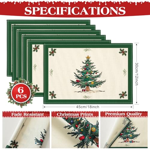 OTOSTAR Christmas Tree Green Placemats Set of 6, 12x18 Inch Holiday Table Decor