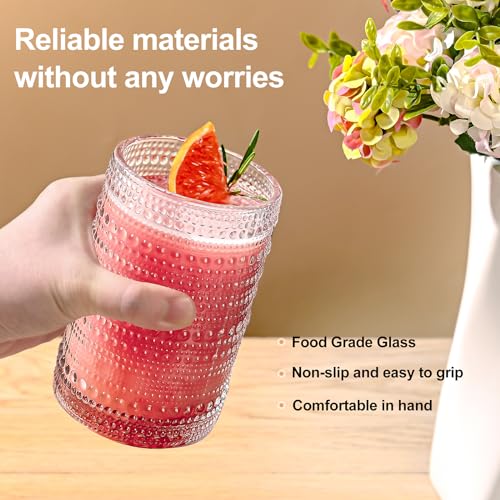 Vintage Hobnail Drinking Glasses Set - 15 oz Embossed Glass Tumblers (6 Pack)