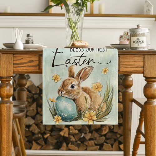 Artoid Mode Bunny Rabbit Egg Flowers Easter Table Runner 13x90 Blue Seasonal Decor