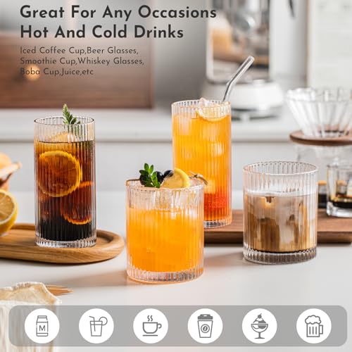 INSETLAN Ribbed Glassware Set of 8 - 12oz Highball & 14oz Rocks Glasses, Vintage Style
