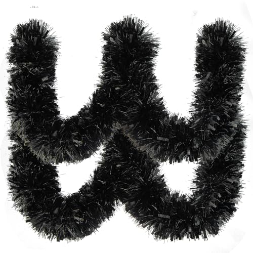33ft Black Metallic Tinsel Garland - Thick Foil Twist Holiday Decor