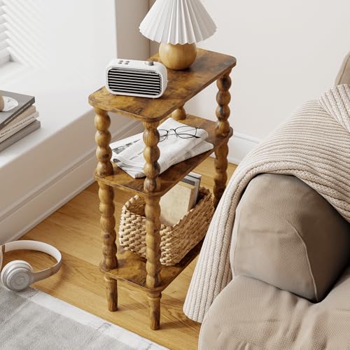 3-Tier Narrow Side Table with Storage Shelf, Rustic Brown End Table
