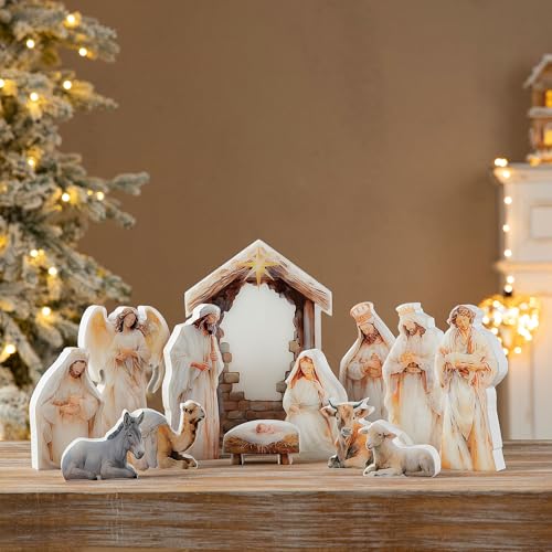 13-Piece Nativity Scene Set with Arch, Hand-Painted Resin Christmas Decor