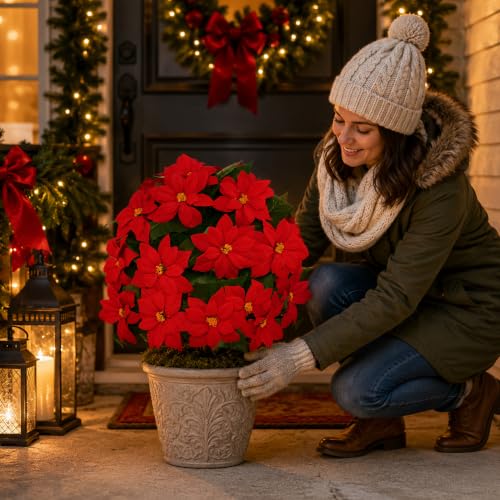Grooy 2 Pack Christmas Artificial Topiary Balls with Poinsettia Flowers Outdoor