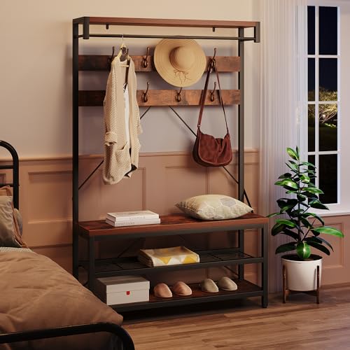 Industrial Hall Tree with Bench and Shoe Storage, 8-Hook Entryway Organizer
