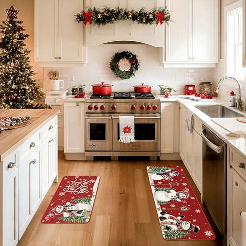 Christmas Kitchen Rugs Set of 2 with Snowmen & Red Truck – Holiday Floor Mats