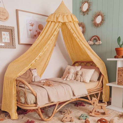 Yellow Gingham Plaid Bed Canopy with Ruffles - Soft Vintage Hanging Tent
