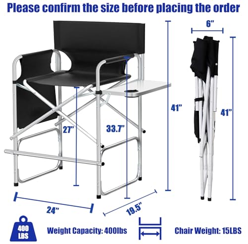 Tall Foldable Makeup Director Chair with Side Table and Storage Bag