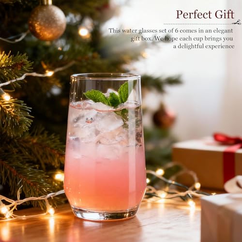 Tall 16 oz Crystal Clear Water Glasses Set of 6 - Lead-Free, Elegant Drinkware