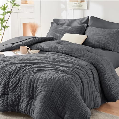 HYMOKEGE Queen Seersucker Comforter Set 7-Piece Bed in a Bag Dark Grey