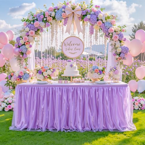 Purple Tulle Ruffle Table Skirt, 6ft Shimmer Tutu for Party & Desk Decor