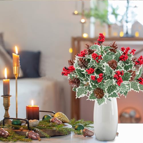 Xmas 6pcs Artificial Christmas Flowers with Holly Berries Pine Cones, Detachable Holiday Decor