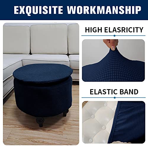 2-Piece Stretch Ottoman Cover with Storage - Removable & Washable Protector (Navy Blue)