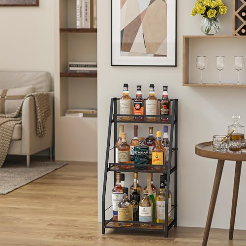 3-Tier Stepped Liquor Display Stand - Freestanding Wood & Iron Wine Rack