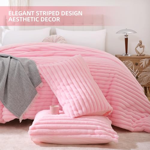 Pink Faux Fur Queen Comforter Set - 3-Piece Plush Fleece Bedding Set