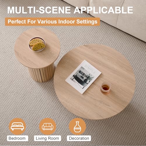 Set of 2 Round Nesting Coffee Tables with Fluted Drum Base, Wood Grain