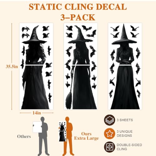 Halloween Window Clings - 3pcs Dark Witch & Bat Decor