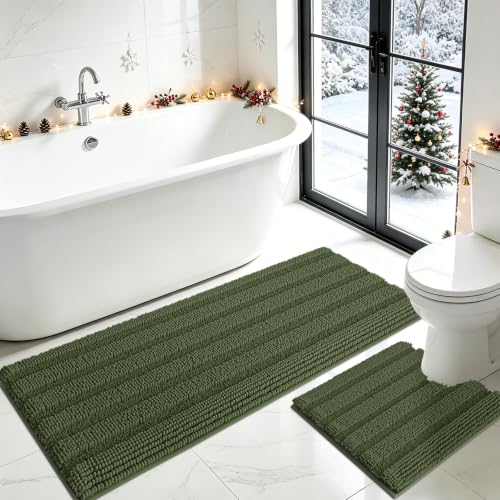 ACCUMTEK Olive Green U Shape & Rectangular Bathroom Rug Set - Plush Chenille Non Slip Bath Mats, 24x20 & 48x20 Inches