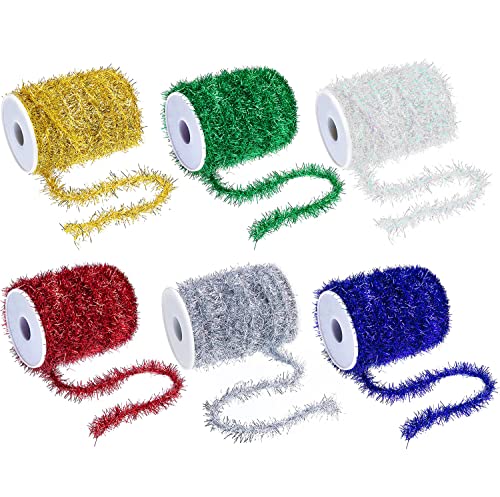 Glitter Metallic Tinsel Garland Ribbon (6 Rolls, 33 Yards) - Christmas Decor
