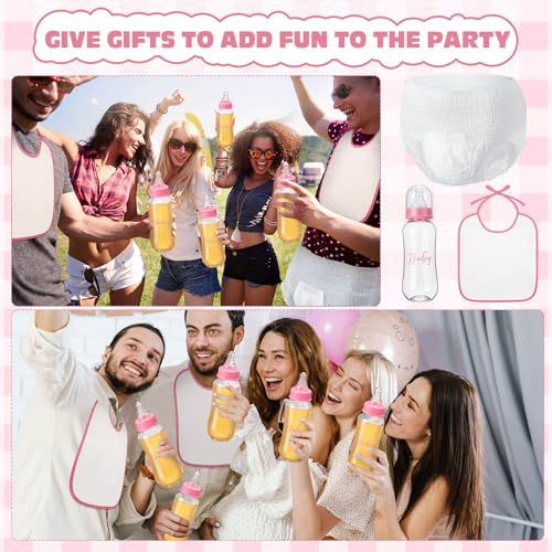6-Piece Baby Shower Game Set: Bottles, Bibs, and Adult-Size Diapers (Pink)