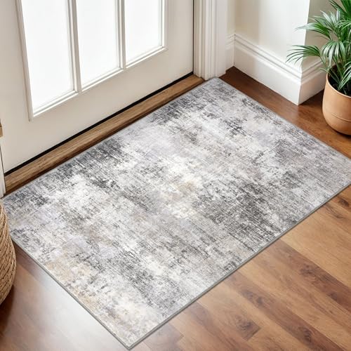 Small Abstract Area Rug 2x3 Ft - Washable Non-Slip Entryway Rug, Grey