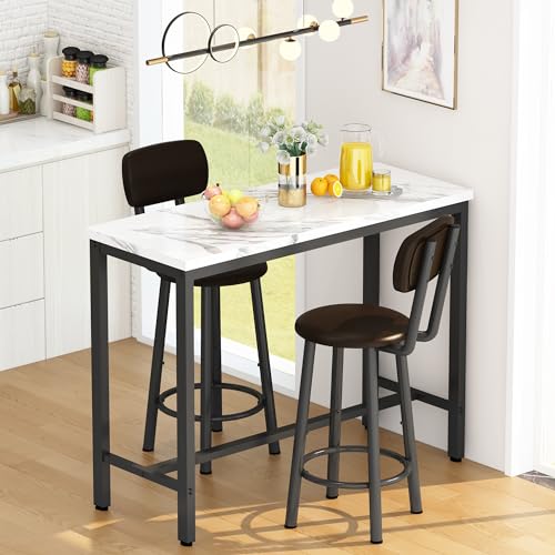 3-Piece Faux Marble Pub Table Set with 2 Backrest Stools for Small Spaces