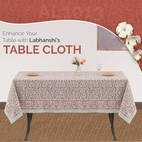 Labhanshi Indian Handblock Floral Cotton Tablecloth 72x108 Inch Pink for 8-Seater Dining