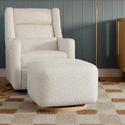 Cream Shearling Gliding Ottoman with Light Wood Base for Nursery