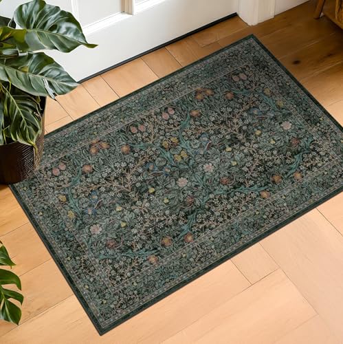 Dark Green Washable Entry Rug 2x3 - Non-Slip Vintage Floral Throw Rug