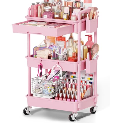 Goovilla 3-Tier Pink Makeup Organizer Cart with Removable Drawer and Lockable Wheels