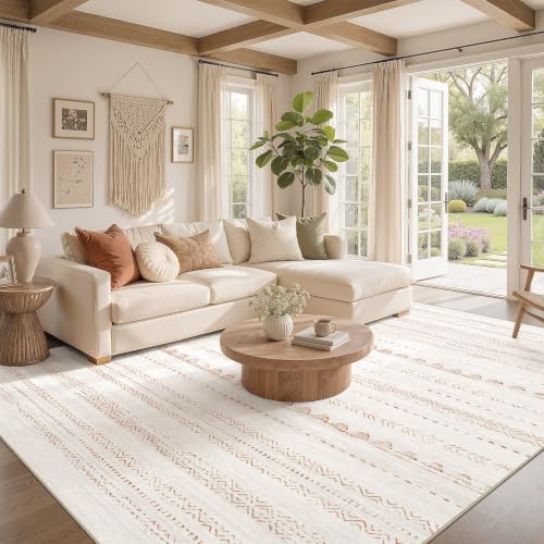 5x7 Boho Moroccan Area Rug - Machine Washable Non-Slip Carpet (Beige/Brown)