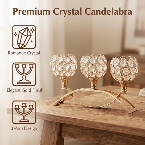 SylvaCraft 3-Arm Arched Crystal Candelabra Gold, Table Centerpiece (1 PCS) — Wedding & Home Decor