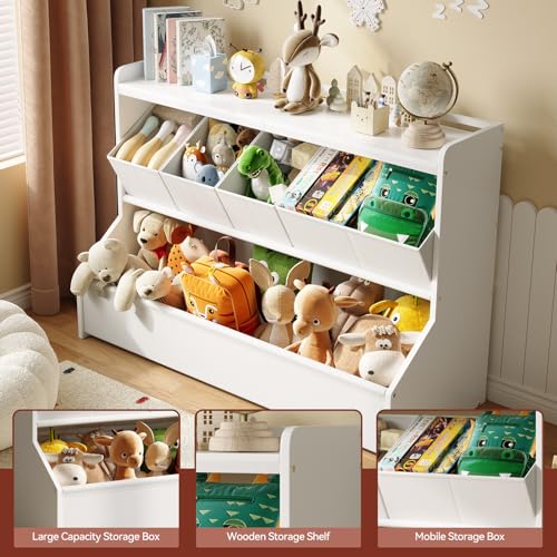 Kids Wooden Toy Storage Organizer with Bookshelf and Removable Bins