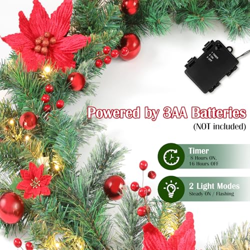 Lewondr 9FT Prelit Christmas Garland with Red Poinsettia & 50 LEDs - Green & Red Variation