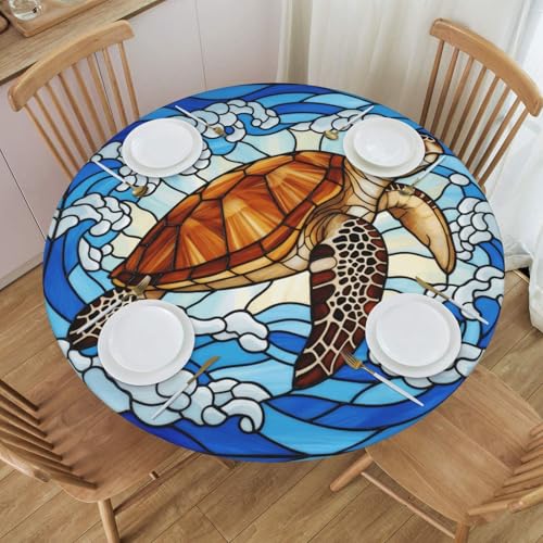 Futterya 45-50 Inch Marine Sea Turtle Waterproof Fitted Tablecloth
