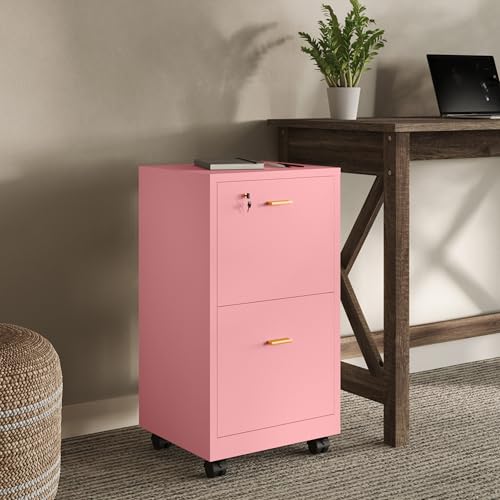 2-Drawer Rolling File Cabinet with Lock, Pink Wooden Under Desk Organizer