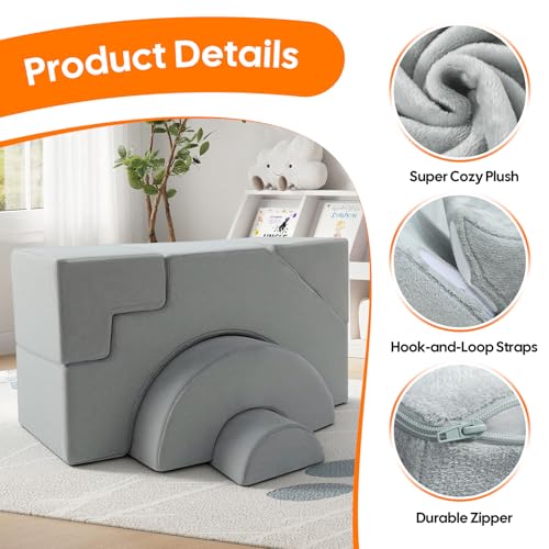 Modular Kids Foam Play Couch with Slide and Stairs - Grey Convertible Sofa