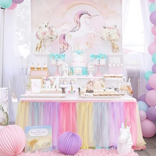 6ft Rainbow Tulle Table Skirt for Rectangle Tables, Pastel Ruffle Tutu Decor