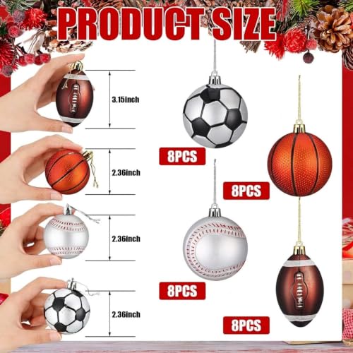 Syhood 64 Pcs Christmas Ball Ornaments with Hanging Loop – Football, Basketball, Rugby & Baseball Shapes