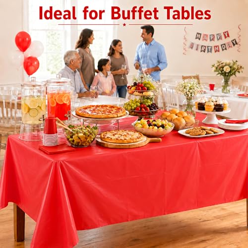 Red Disposable Tablecloths 54 x 108 in, 2 Pack Plastic Rectangular Covers for Parties