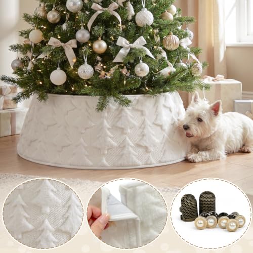 White Faux Fur Christmas Tree Collar - Plush Diamond Pattern, Adjustable 7.5-9ft