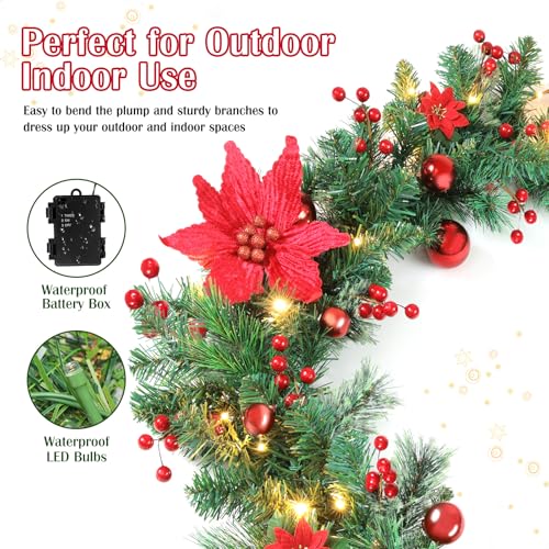 Lewondr 9FT Prelit Christmas Garland with Red Poinsettia & 50 LEDs - Green & Red Variation