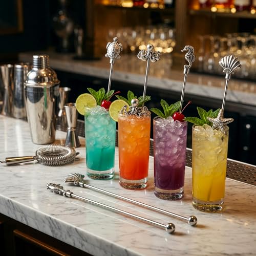 Homestia Ocean Series 6-Piece 7.5'' Metal Coffee & Drink Stir Sticks with Animal Tops
