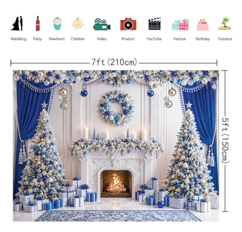 7x5FT Blue Silver Christmas Backdrop with Fireplace Scene - CUMIA
