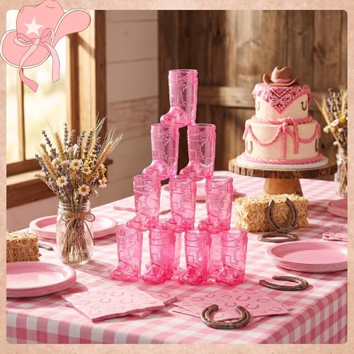Pink Cowboy Boot Shot Glasses 12 Pcs - Mini Plastic Western Party Cups, 1 oz