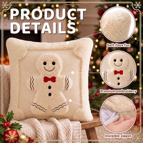 2 Pcs 18x18 Gingerbread Christmas Pillow Covers - 3D Embroidered Velvet - White (Pack of 2)