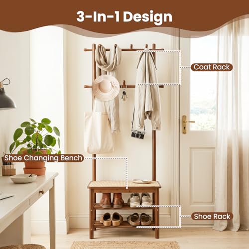 3-in-1 Bamboo Hall Tree with Shoe Storage Bench and Coat Rack